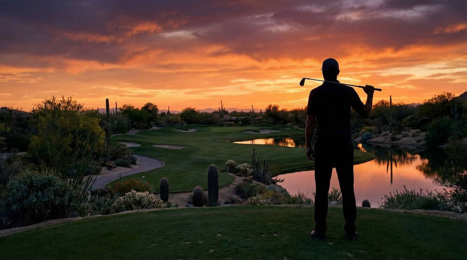 Golfer silhouette at sunset